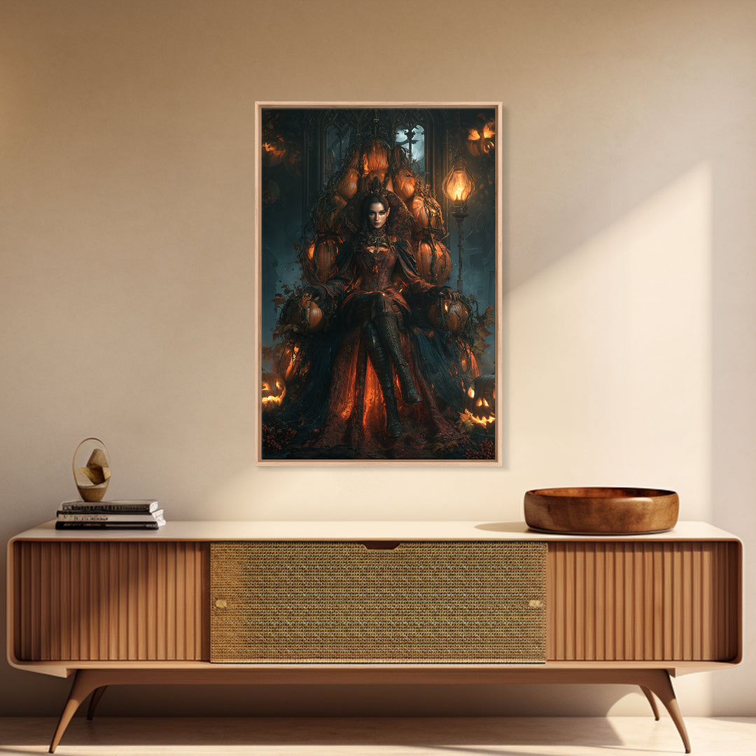 The Jack-O'-Lantern Throne, Victorian Horror Portrait, Vertical Wall Art, Framed Canvas Print, Gothic Wall Decor, Halloween Portrait Art