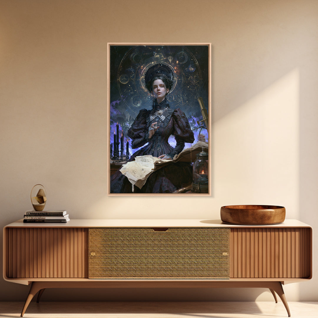 Celestial Witchcraft, Victorian Horror Portrait, Vertical Wall Art, Framed Canvas Print, Gothic Wall Decor, Halloween Portrait Art