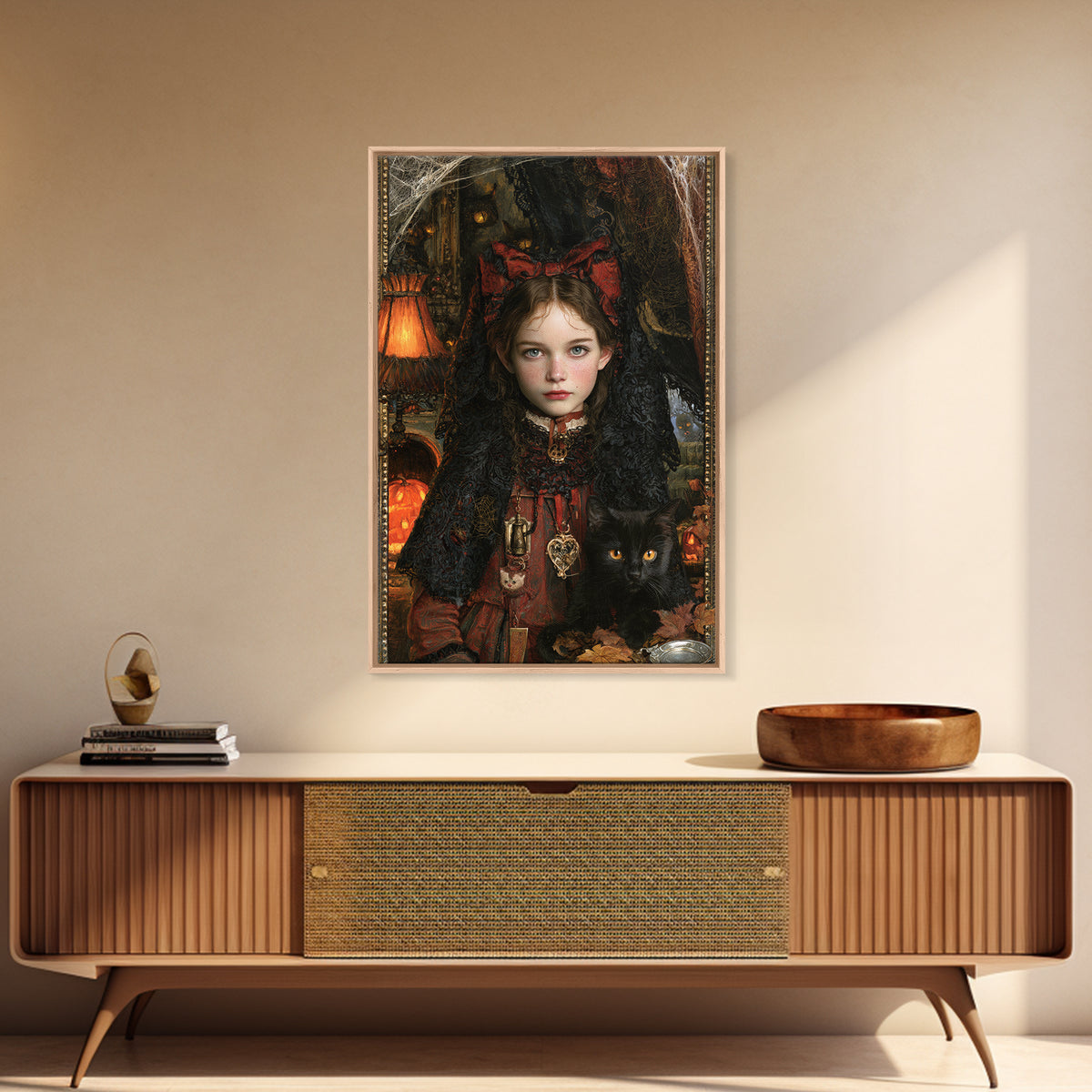Black Lace And Cobwebs, Antique Gothic Portrait, Vertical Wall Art, Framed Canvas Print, Gothic Wall Decor, Halloween Portrait Art
