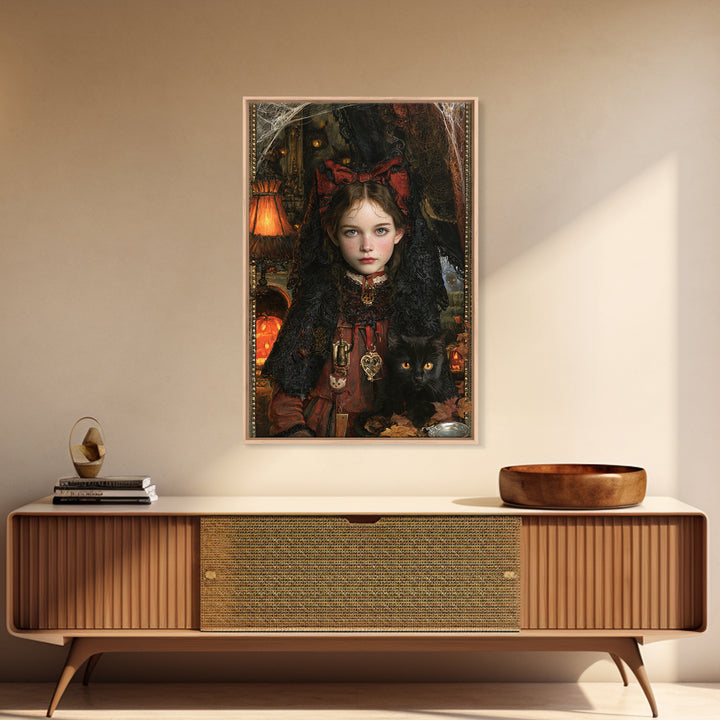 Black Lace And Cobwebs, Antique Gothic Portrait, Vertical Wall Art, Framed Canvas Print, Gothic Wall Decor, Halloween Portrait Art