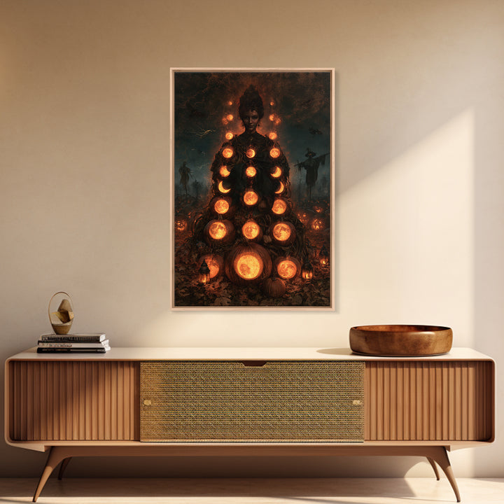 Pumpkins And Moon Phases, Victorian Horror Portrait, Vertical Wall Art, Canvas Print, Gothic Wall Decor, Halloween Portrait Art