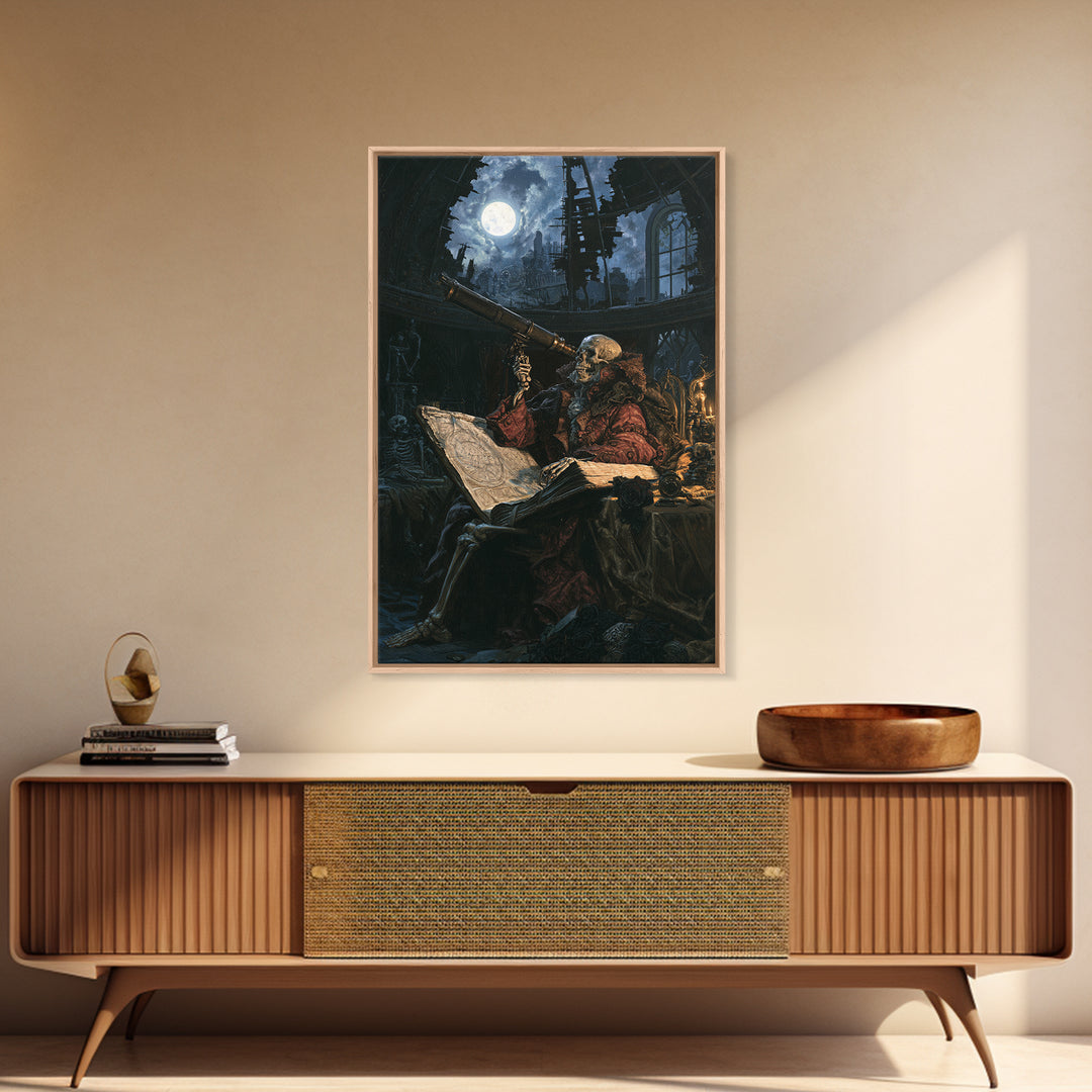 The Skull Astronomer, Victorian Horror Portrait, Vertical Wall Art, Framed Canvas Print, Gothic Wall Decor, Halloween Portrait Art
