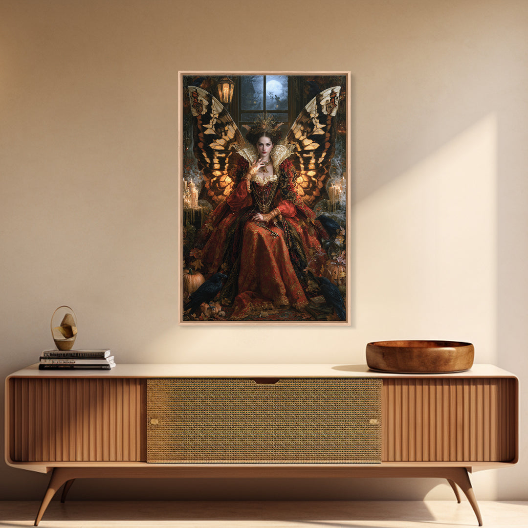 The Moth-Winged Empress, Antique Gothic Portrait, Vertical Wall Art, Framed Canvas Print, Gothic Wall Decor, Halloween Portrait Art