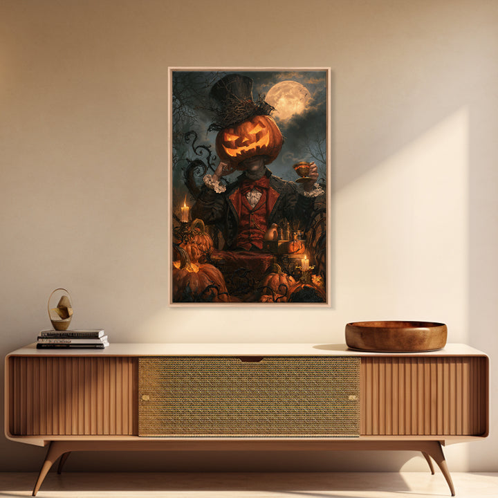 The Pumpkin-Headed Tea Merchant, Victorian Gothic Art, Vertical Wall Art, Framed Canvas Print, Gothic Wall Decor, Halloween Portrait Art