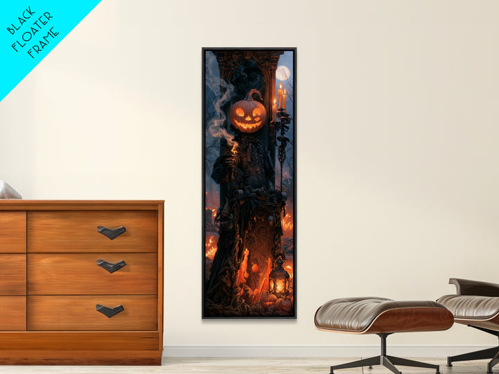 The Pumpkin-Headed Tea Merchant, Macabre Victorian Decor, Tall Narrow Wall Art, Framed Canvas Print, Gothic Wall Decor