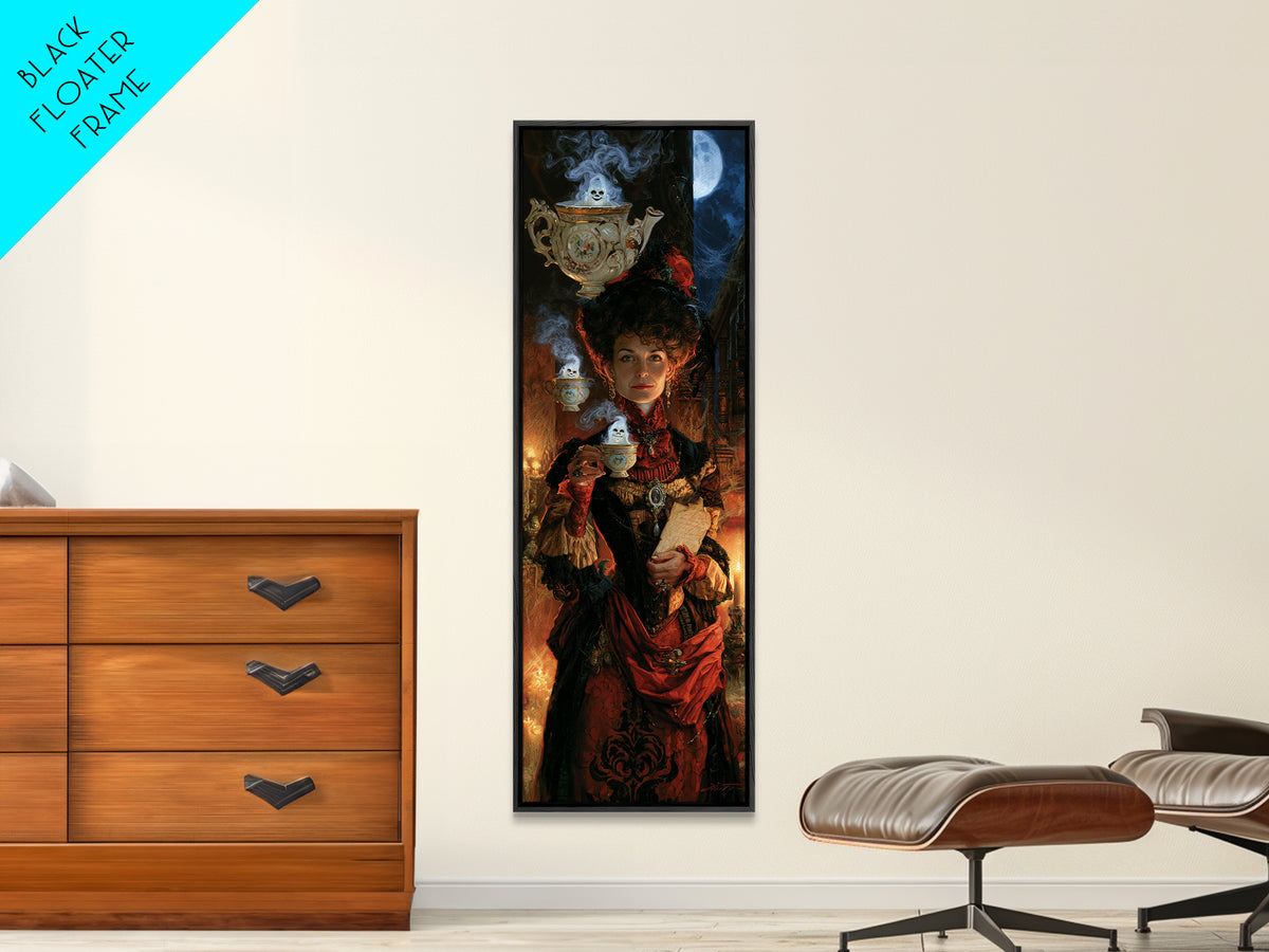 Tiny Ghosts In Teacups, Antique Gothic Portrait, Tall Narrow Wall Art, Canvas Print, Gothic Wall Decor, Halloween Portrait Art