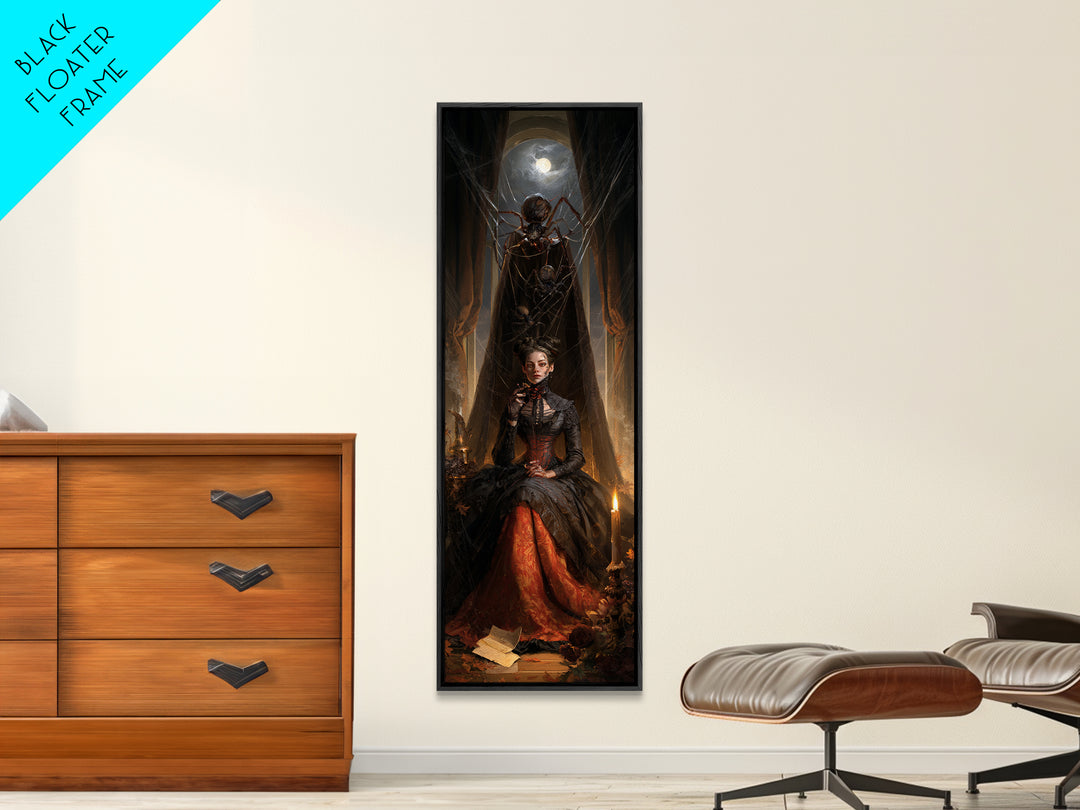 The Spider Sewing Circle, Victorian Horror Portrait, Tall Narrow Wall Art, Framed Canvas Print, Gothic Wall Decor, Halloween Portrait Art