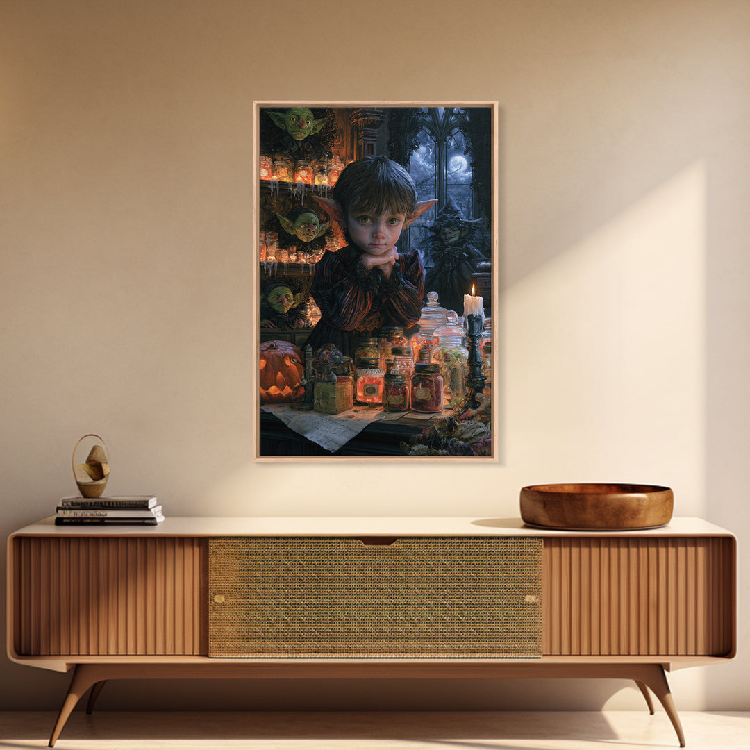 The Goblin Candy Shop, Dark Academia Wall Art, Vertical Wall Art, Framed Canvas Print, Gothic Wall Decor, Halloween Portrait Art