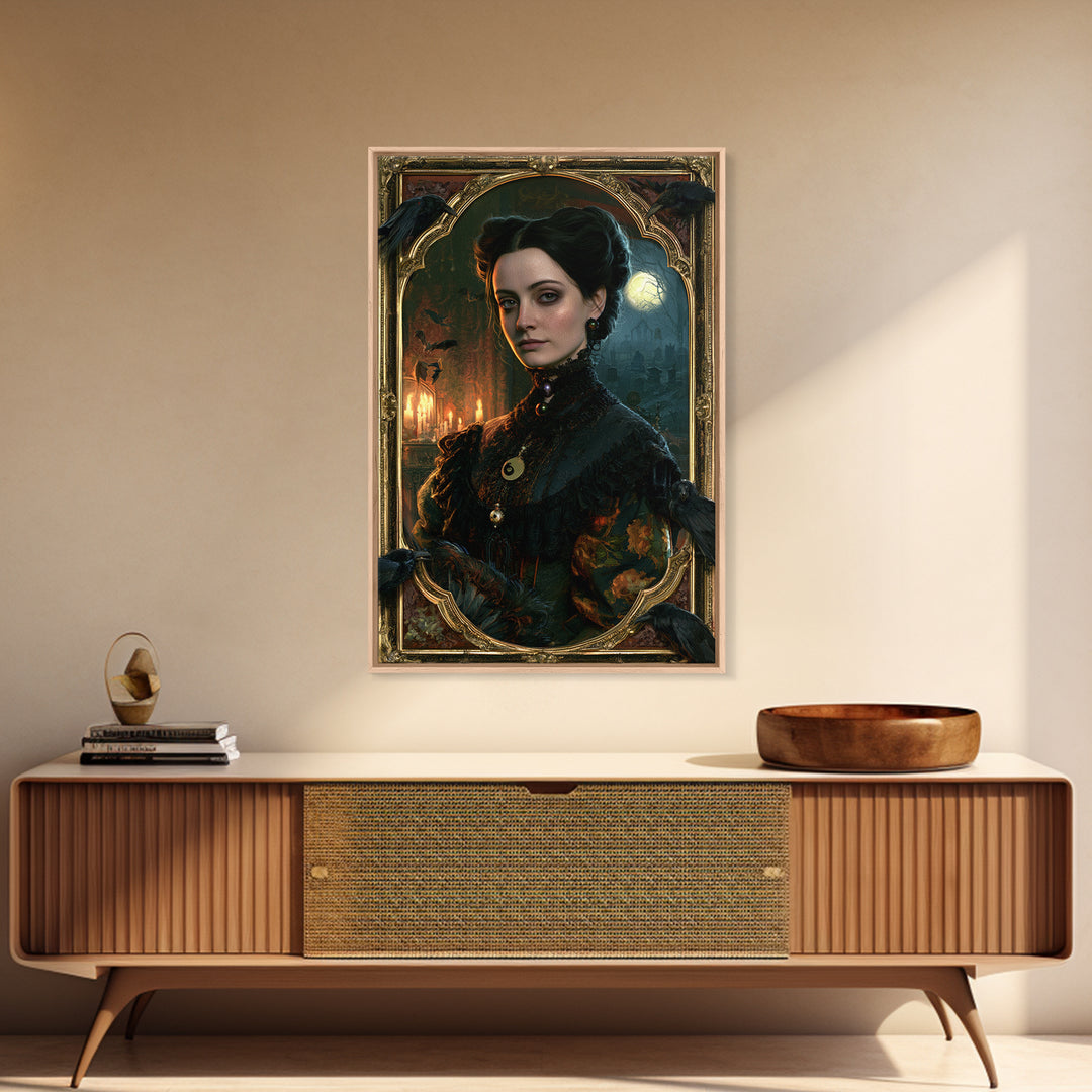 The Raven Post Office, Victorian Horror Portrait, Vertical Wall Art, Framed Canvas Print, Gothic Wall Decor, Halloween Portrait Art