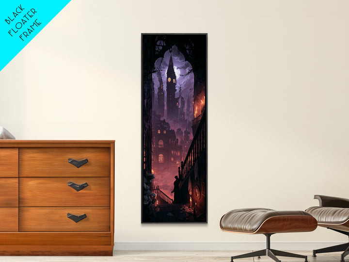 The Haunted City Skyline, Dark Academia Wall Art, Tall Narrow Wall Art, Framed Canvas Print, Gothic Wall Decor, Halloween Portrait Art