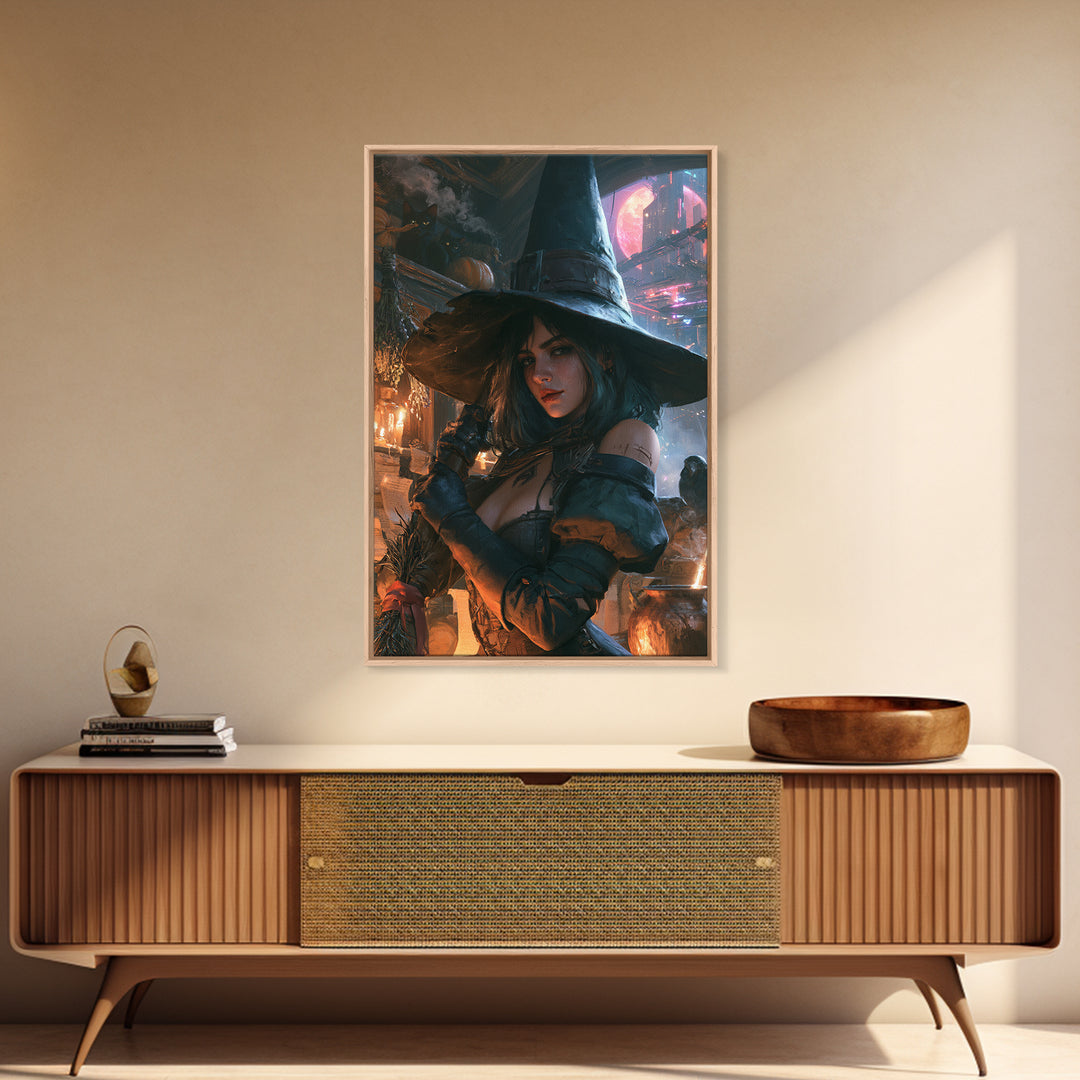 The Cyberpunk Witch, Dark Academia Wall Art, Vertical Wall Art, Canvas Print, Gothic Wall Decor, Halloween Portrait Art, Halloween Decor