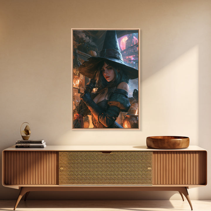The Cyberpunk Witch, Dark Academia Wall Art, Vertical Wall Art, Canvas Print, Gothic Wall Decor, Halloween Portrait Art, Halloween Decor