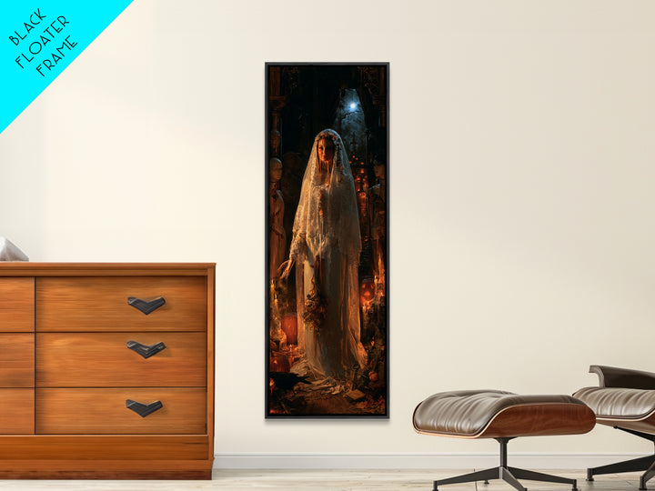 The Wax Bride Of Mourning Hall, Antique Gothic Portrait, Tall Narrow Wall Art, Framed Canvas Print, Gothic Wall Decor, Macabre Wall Art
