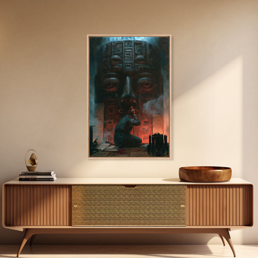 The Custodian Of The Whispering Idol, Victorian Horror Portrait, Vertical Wall Art, Framed Canvas Print, Gothic Wall Decor
