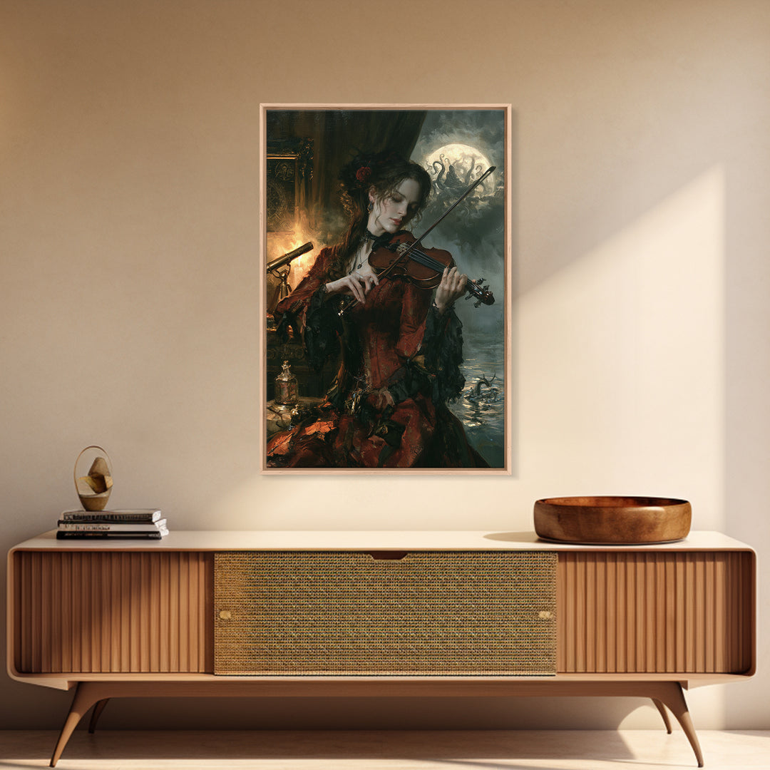The Violinist Of The Drowned Moon, Victorian Horror Portrait, Vertical Wall Art, Framed Canvas Print, Gothic Wall Decor