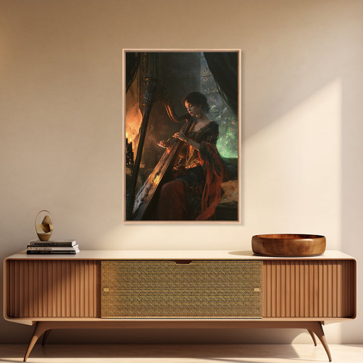 The Harpist Of Abyssal Sleep, Victorian Gothic Art, Vertical Wall Art, Framed Canvas Print, Gothic Wall Decor, Halloween Portrait Art
