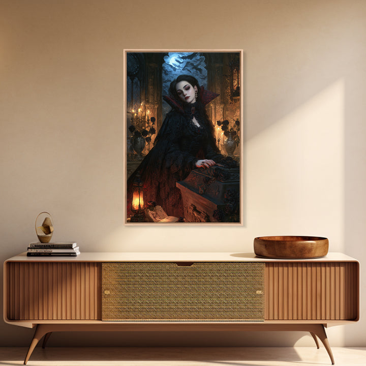 The Rose-Coffin Countess, Victorian Vampire Portrait, Vertical Canvas Print, Classic Halloween Decor, Canvas Print, Classic Monster Art