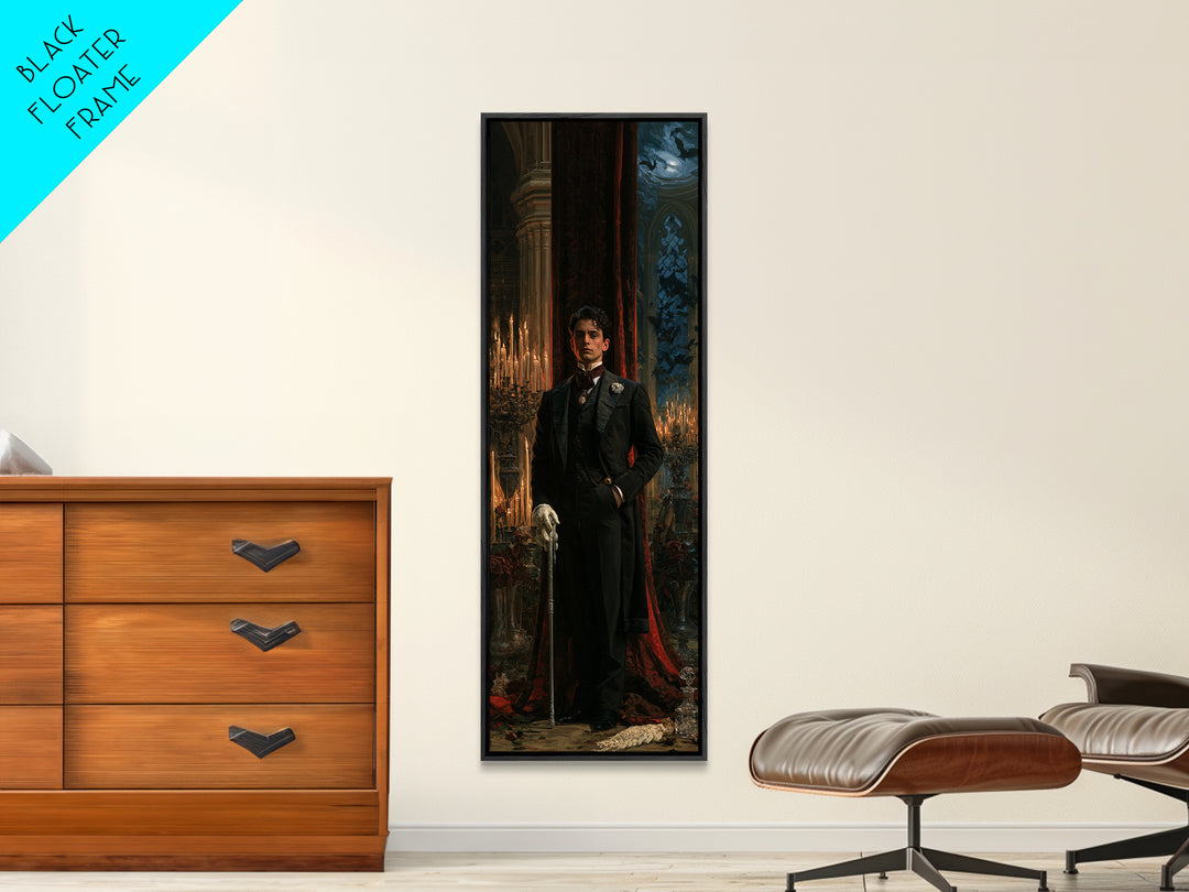 The Moonlit Viscount, Victorian Vampire Portrait, Tall Narrow Canvas Print, Classic Halloween Decor, Classic Monster Art