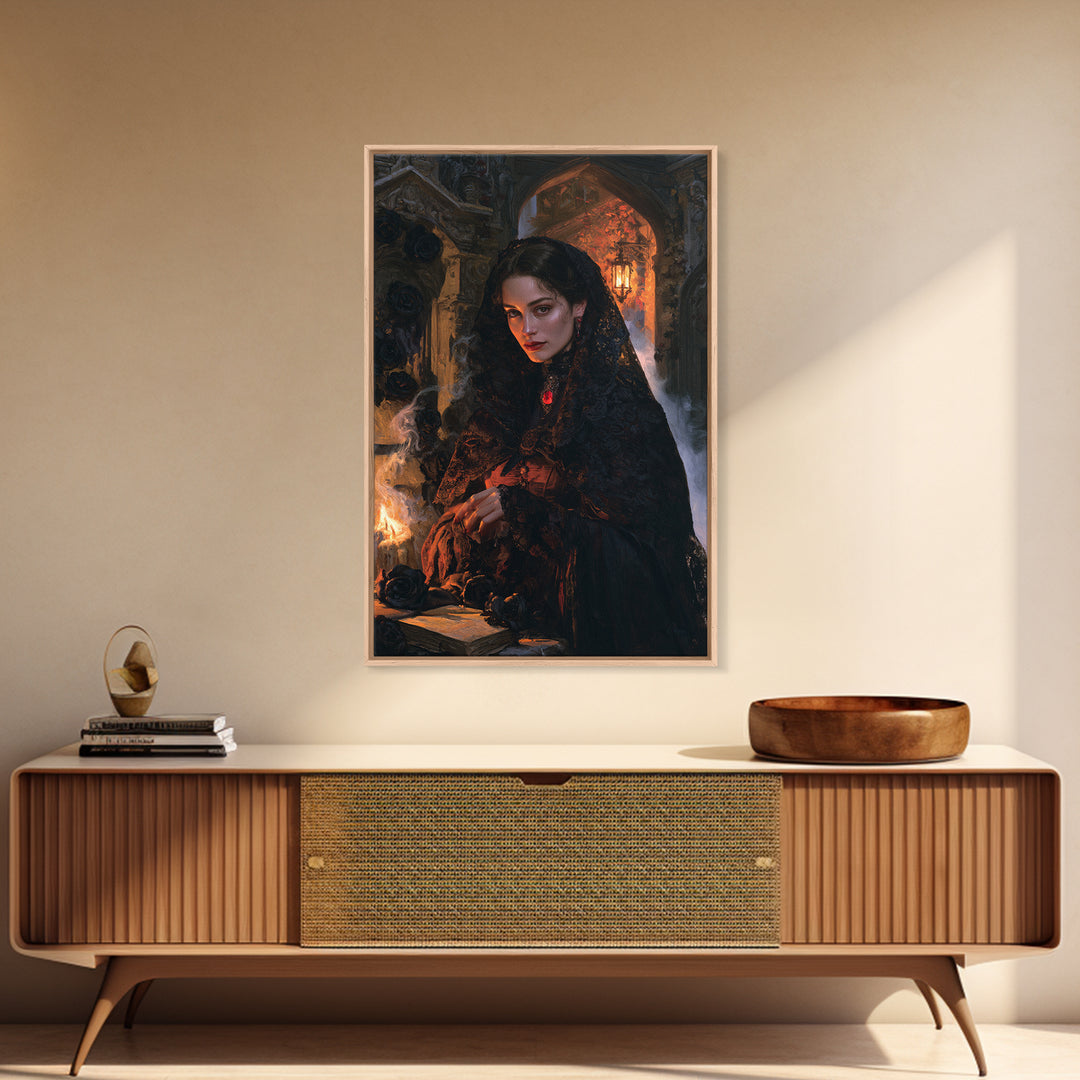 The Widow Of Black Veils, Victorian Vampire Portrait, Vertical Canvas Print, Classic Halloween Decor, Gothic Wall Decor, Classic Monster Art