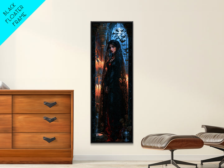The Widow Of Black Veils, Victorian Vampire Portrait, Tall Narrow Canvas Print, Dark Academia Decor, Classic Monster Art