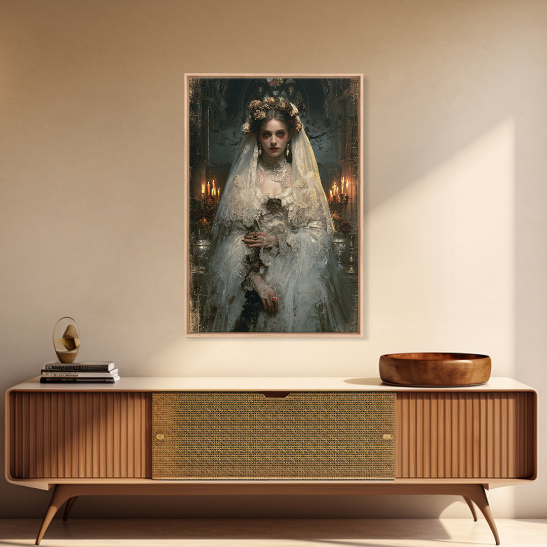The Chapel Crypt Bride, Victorian Vampire Portrait, Vertical Canvas Print, Macabre Home Decor, Spooky Season Decor, Classic Monster Art