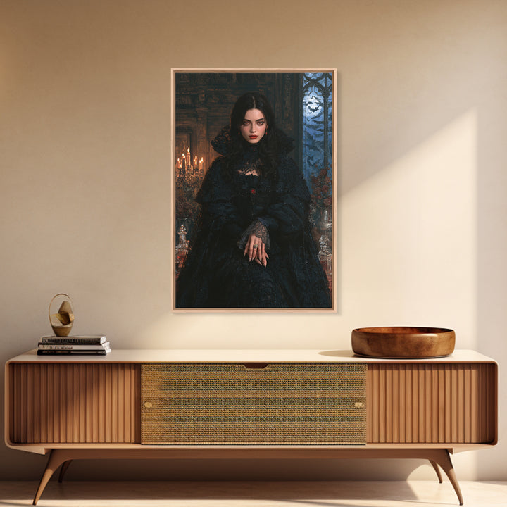 The Velvet-Fanged Heiress, Victorian Vampire Portrait, Vertical Canvas Print, Gothic Home Decor, Gothic Wall Decor, Classic Monster Art