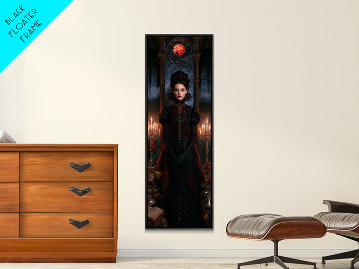 The Velvet-Fanged Heiress, Victorian Vampire Portrait, Tall Narrow Canvas Print, Antique Style Decor, Classic Monster Art