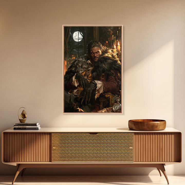 The Silver-Wolf Heir, Victorian Werewolf Portrait, Vertical Canvas Print, Dark Academia Decor, Antique Horror Decor, Classic Monster Art