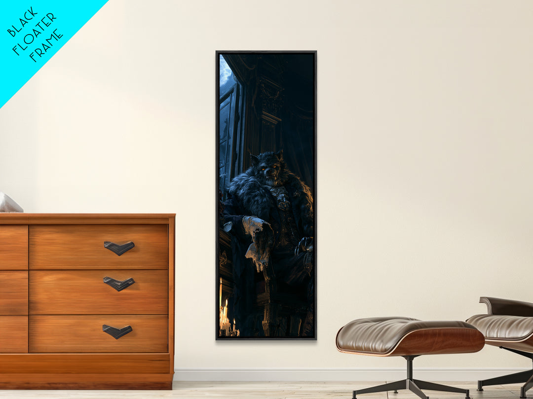 The Silver-Wolf Heir, Victorian Werewolf Portrait, Tall Narrow Canvas Print, Antique Style Decor, Classic Monster Art