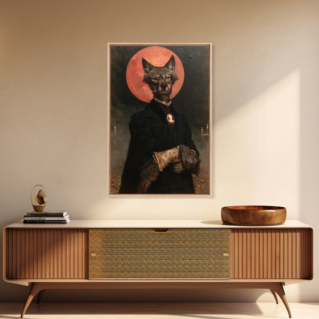 The Wolf Moon Governess, Victorian Werewolf Portrait, Vertical Canvas Print, Antique Style Decor, Spooky Season Decor, Classic Monster Art
