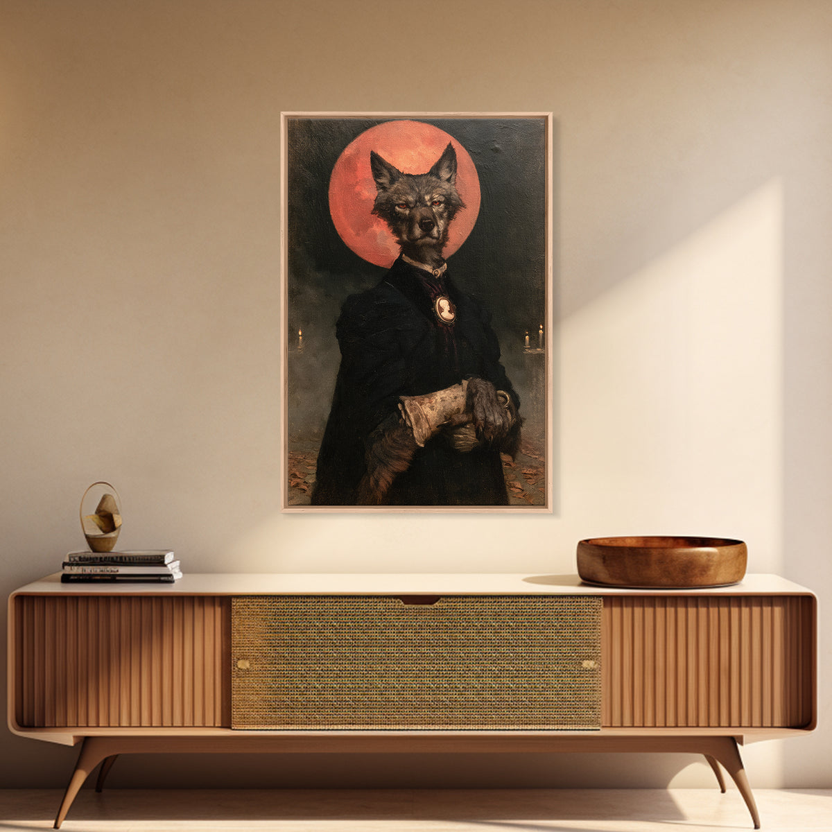 The Wolf Moon Governess, Victorian Werewolf Portrait, Vertical Canvas Print, Antique Style Decor, Spooky Season Decor, Classic Monster Art