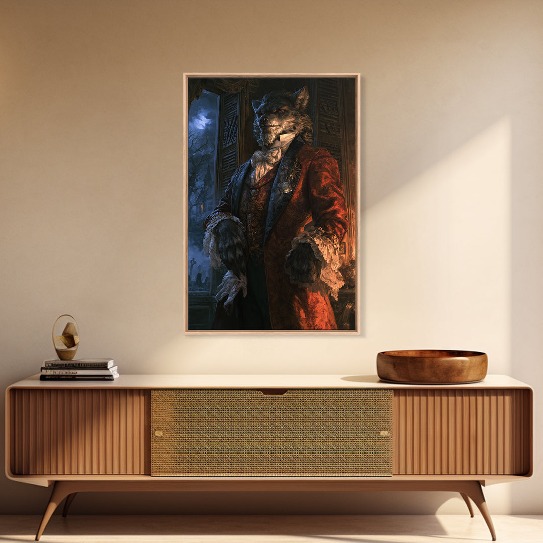The Ballroom Lycan, Victorian Werewolf Portrait, Vertical Canvas Print, Antique Style Decor, Antique Horror Decor, Classic Monster Art