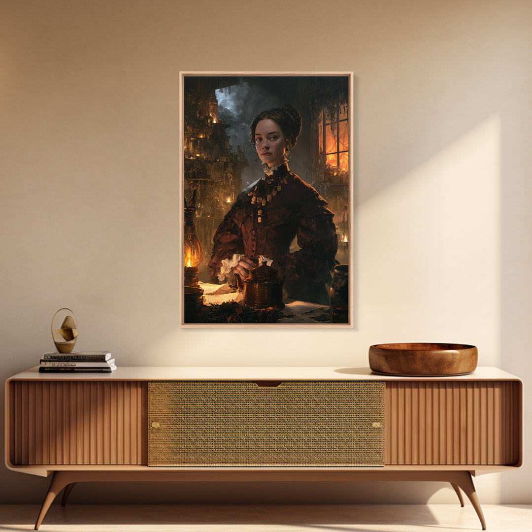 The Bone Charm Governess, Victorian Witch Portrait, Vertical Canvas Print, Macabre Home Decor, Spooky Season Decor, Classic Monster Art