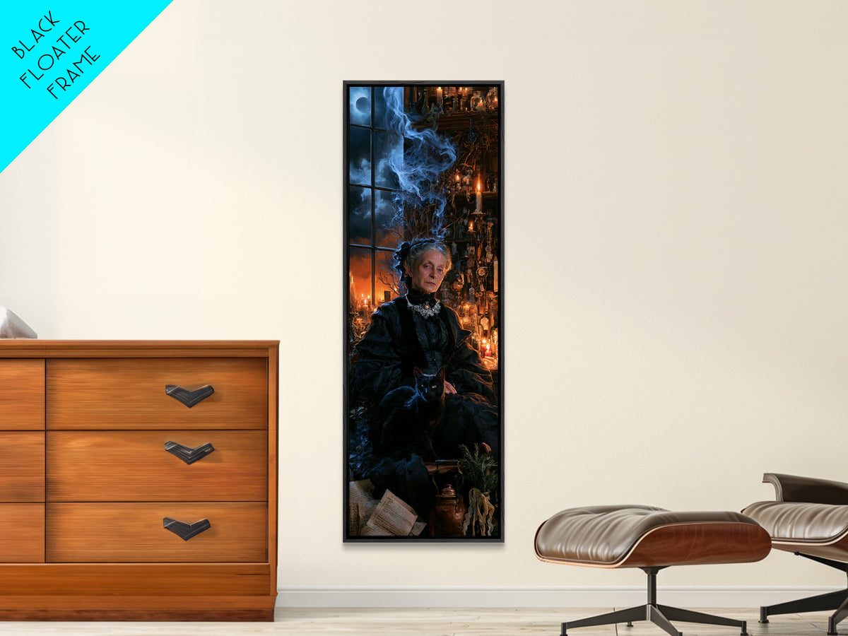 The Widow Of Nine Cats, Victorian Witch Portrait, Tall Narrow Canvas Print, Gothic Home Decor, Halloween Portrait Art, Classic Monster Art