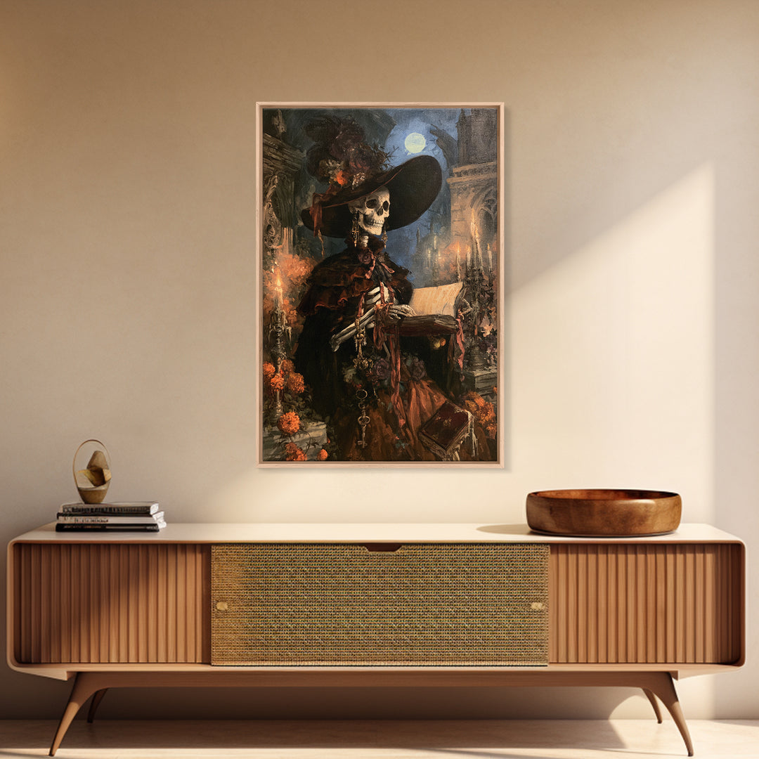 The Ballad-Singer Skeleton, Victorian Skeleton Portrait, Vertical Canvas Print, Classic Halloween Decor, Classic Monster Art
