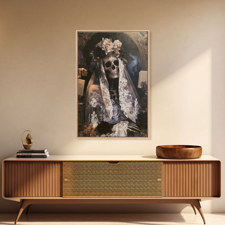 The Mourning Skeleton Bride, Victorian Skeleton Portrait, Vertical Canvas Print, Macabre Home Decor, Classic Monster Art