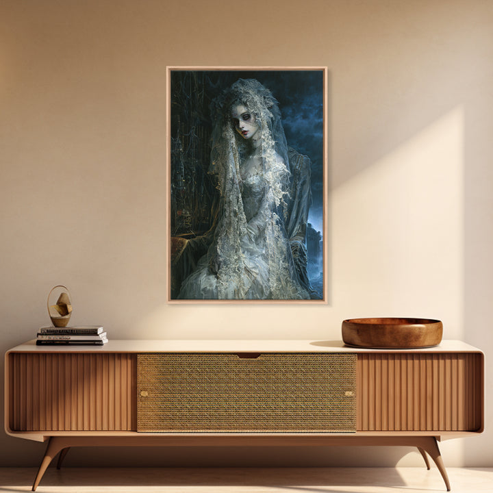 The Storm-Stitched Bride, Victorian Monster Portrait, Vertical Canvas Print, Classic Halloween Decor, Classic Monster Art