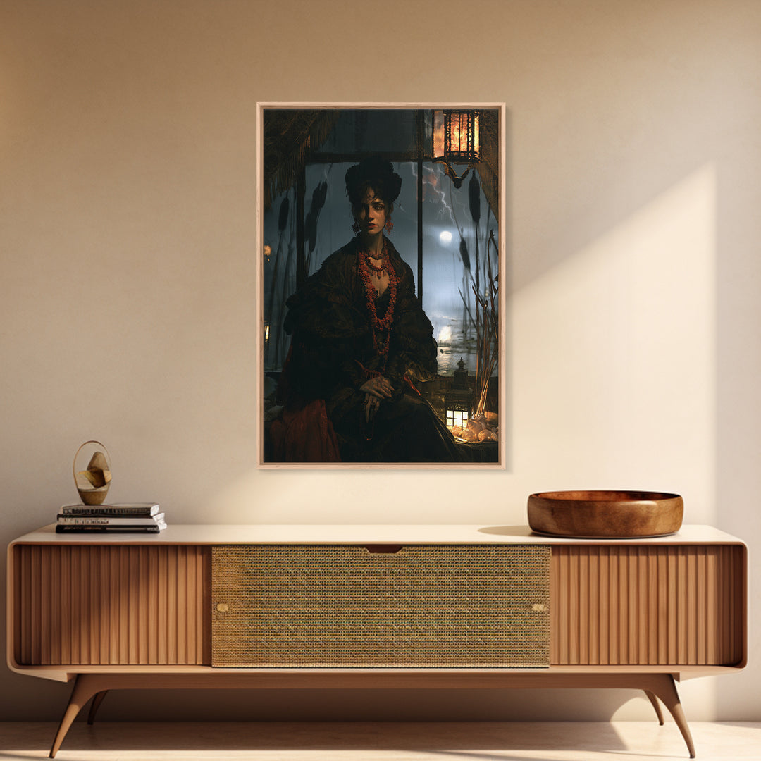 The Tidal Heiress, Victorian Creature Portrait, Vertical Canvas Print, Dark Academia Decor, Antique Horror Decor, Classic Monster Art