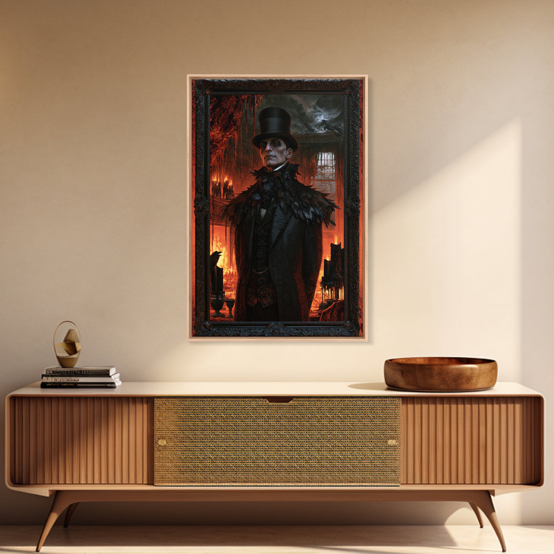 The Raven-Shouldered Undertaker, Macabre Victorian Portrait, Vertical Canvas Print, Classic Halloween Decor, Classic Monster Art