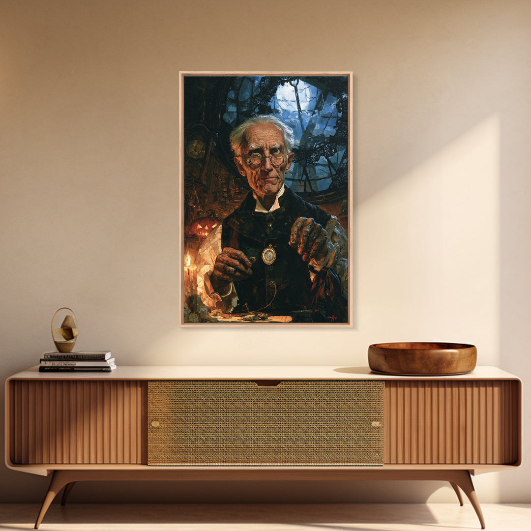 The Clockmaker Of Midnight, Midnight Clockmaker Portrait, Vertical Canvas Print, Dark Academia Decor, Classic Monster Art
