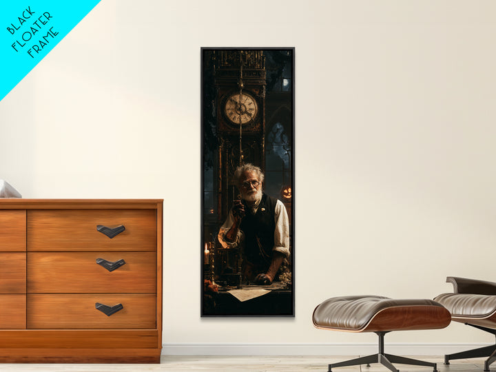 The Clockmaker Of Midnight, Midnight Clockmaker Portrait, Tall Narrow Canvas Print, Antique Style Decor, Gothic Wall Decor