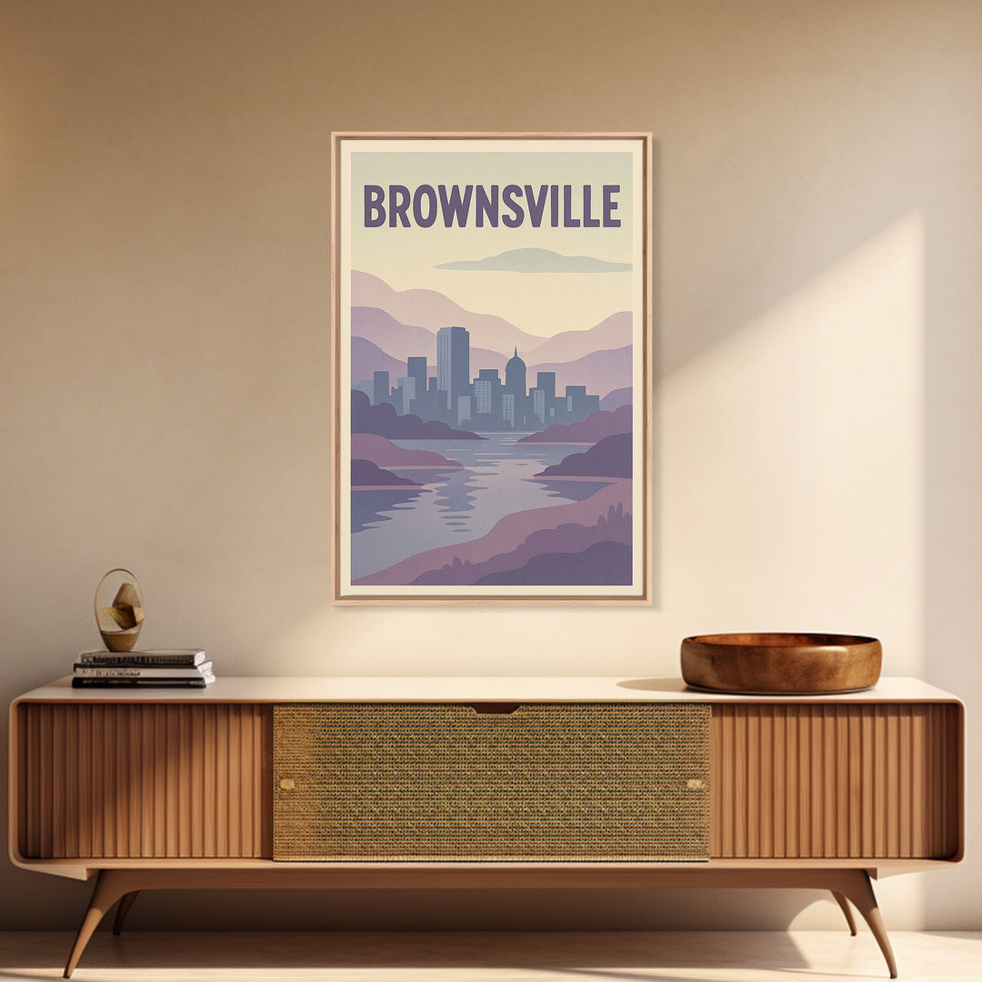 Brownsville Travel Poster, Framed Canvas Print, Pastel Retro Travel Art, Brownsville Poster Print, Eclectic Wall Decor, Travel Art Print