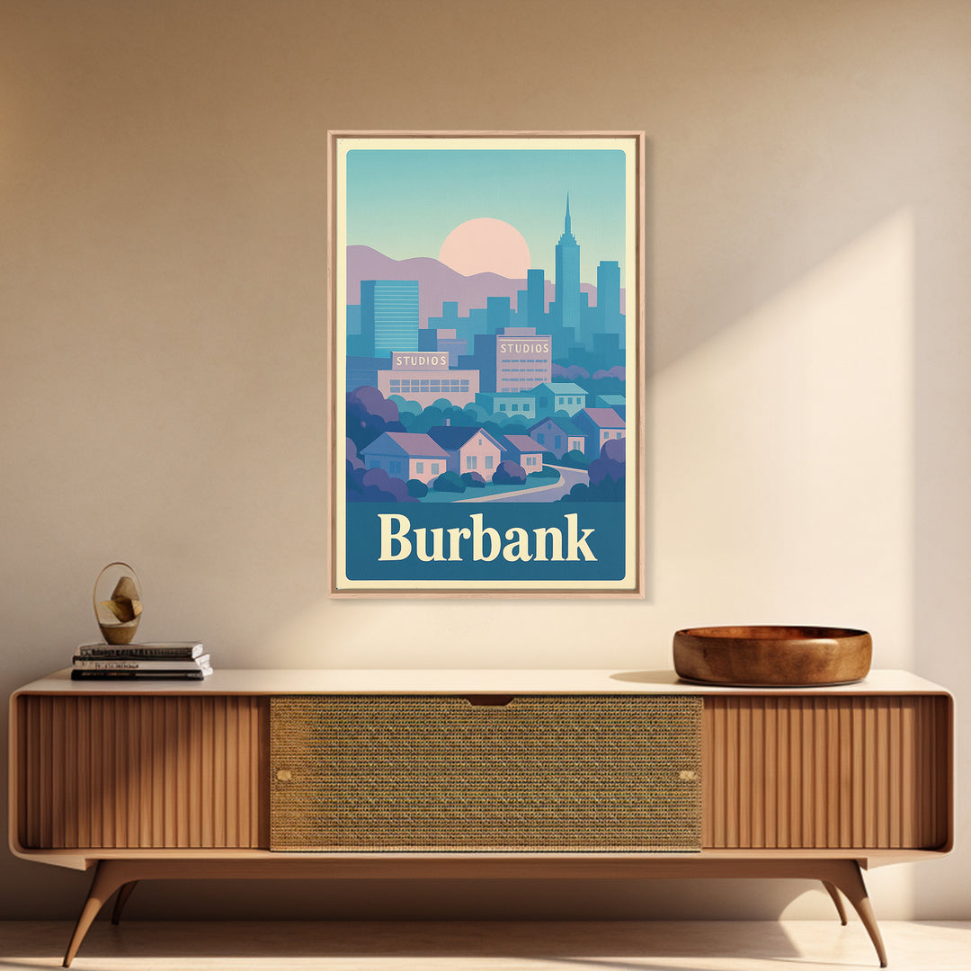 Burbank Travel Poster, Canvas Print, Vaporwave City Skyline Wall Art, Burbank Wall Art, City Illustration, Vintage Travel Art, City Poster