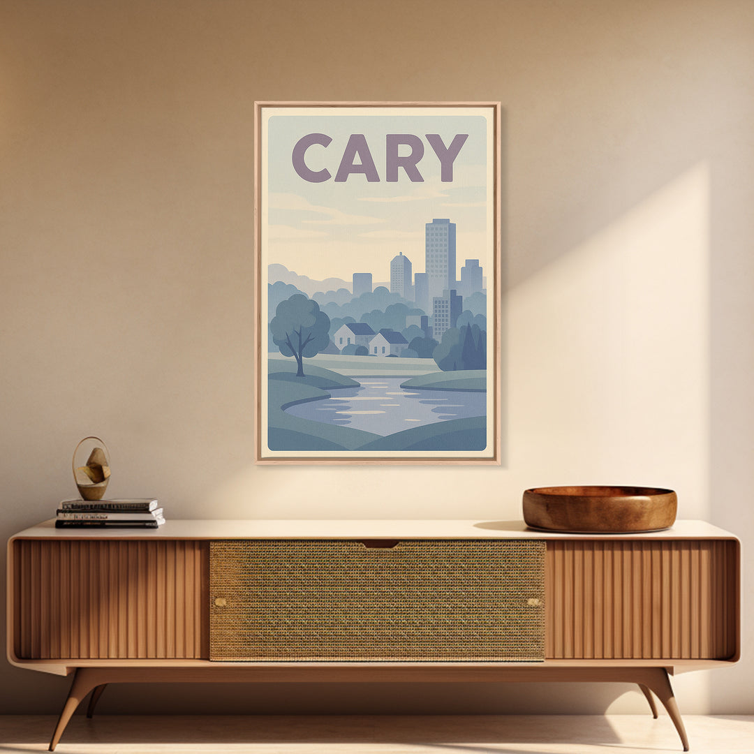 Cary North Carolina Travel Poster, Canvas Print, Vaporwave Skyline Wall Art, Cary City Art, Art Print, Retro Travel Print, Wanderlust Decor