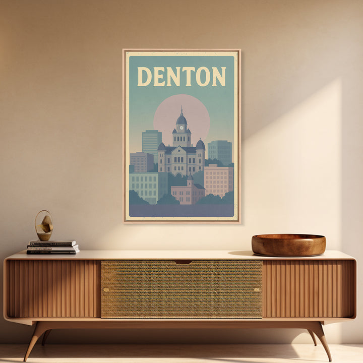 Denton Travel Poster, Framed Canvas Print, Vaporwave Skyline Wall Art, Denton Poster Print, Living Room Wall Art, Modern Wall Decor
