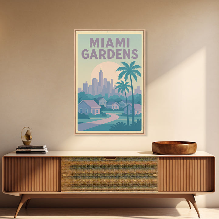 Miami Gardens Florida Travel Poster, Canvas Print, Soft Vintage City Poster, Miami Gardens City Art, Mid Century Wall Art, Travel Art