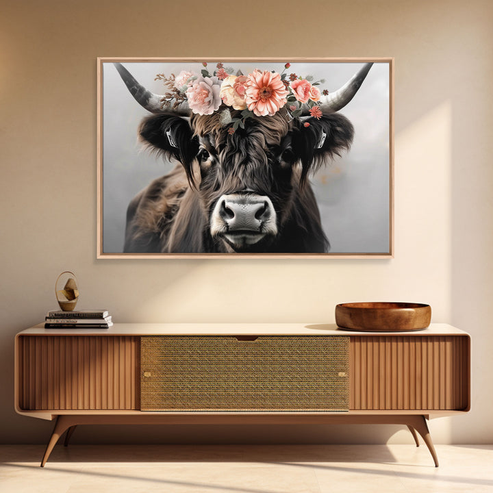 Framed Canvas Wall Art, Cute Cow Wearing Flowers, Farmhouse Decor, Farmhouse Wall At, Extra Large Boho Decor, Modern Art, Minimalist Rustic