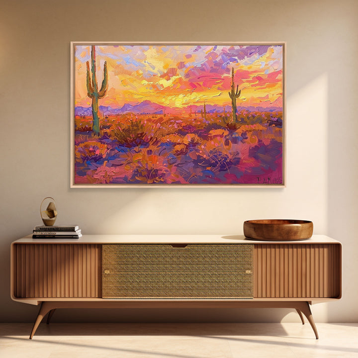 Desert Cactus Sunset Painting Framed Canvas Print, Western Decor, Southwest Wall Art, Arizona Painting, Landscape Painting, Farmhouse Decor
