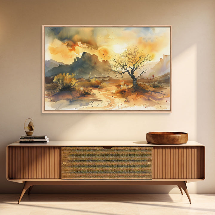 Large Wall Art Desert Print, Wood Framed Canvas Print, Original Artwork, Watercolor Landscape Painting, Minimalist Wall Art