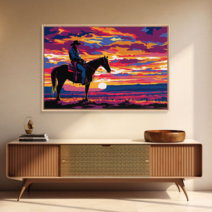 Cowboy At Sunset Watercolor Painting Framed Canvas Print, Western Decor, Gift For Him, Guy Gift, Rodeo Art, Southwestern Wall Decor